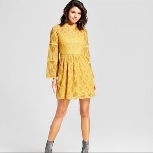 Xhilaration Womens' Mustard Yellow Illusion Lace Bell Sleeve Dress